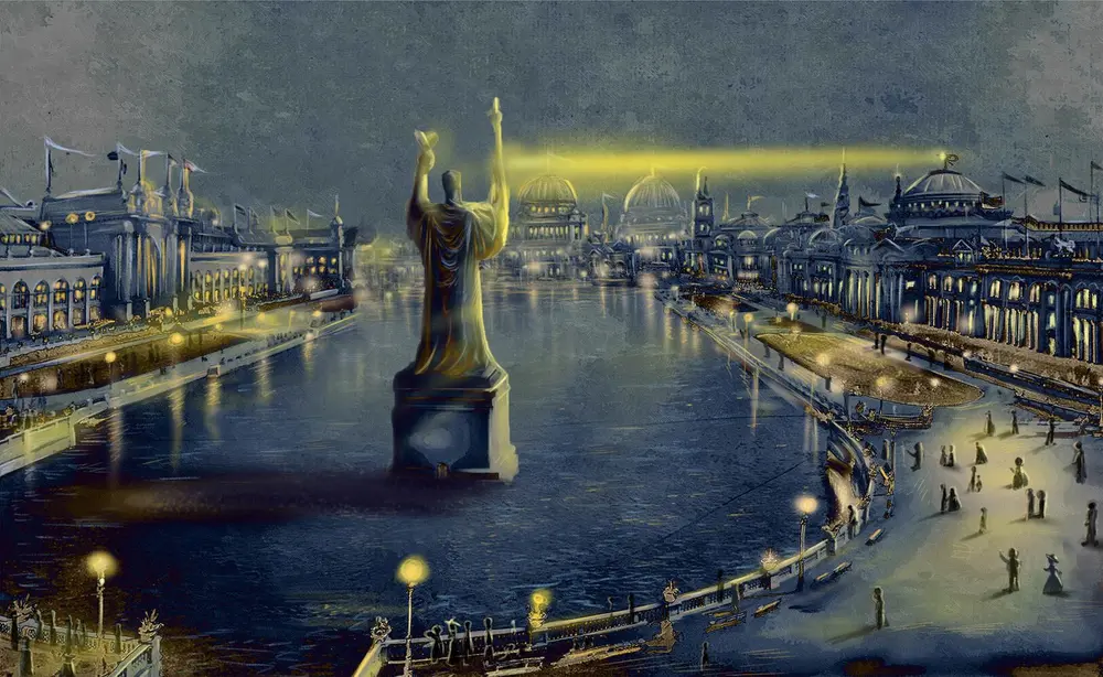 Noćna panorama Svetske izložbe u Čikagu — ilustracija iz sveta Maya Story