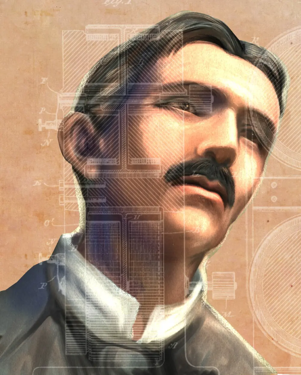 Ilustracija Nikole Tesle preko nacrta njegovih patenata
